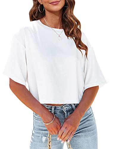 Tankaneo Women Half Sleeve Cropped T-Shirts Drop Shoulder Round Neck Crop Tops Casual Summer Solid Color Basic Tees | Amazon (US)