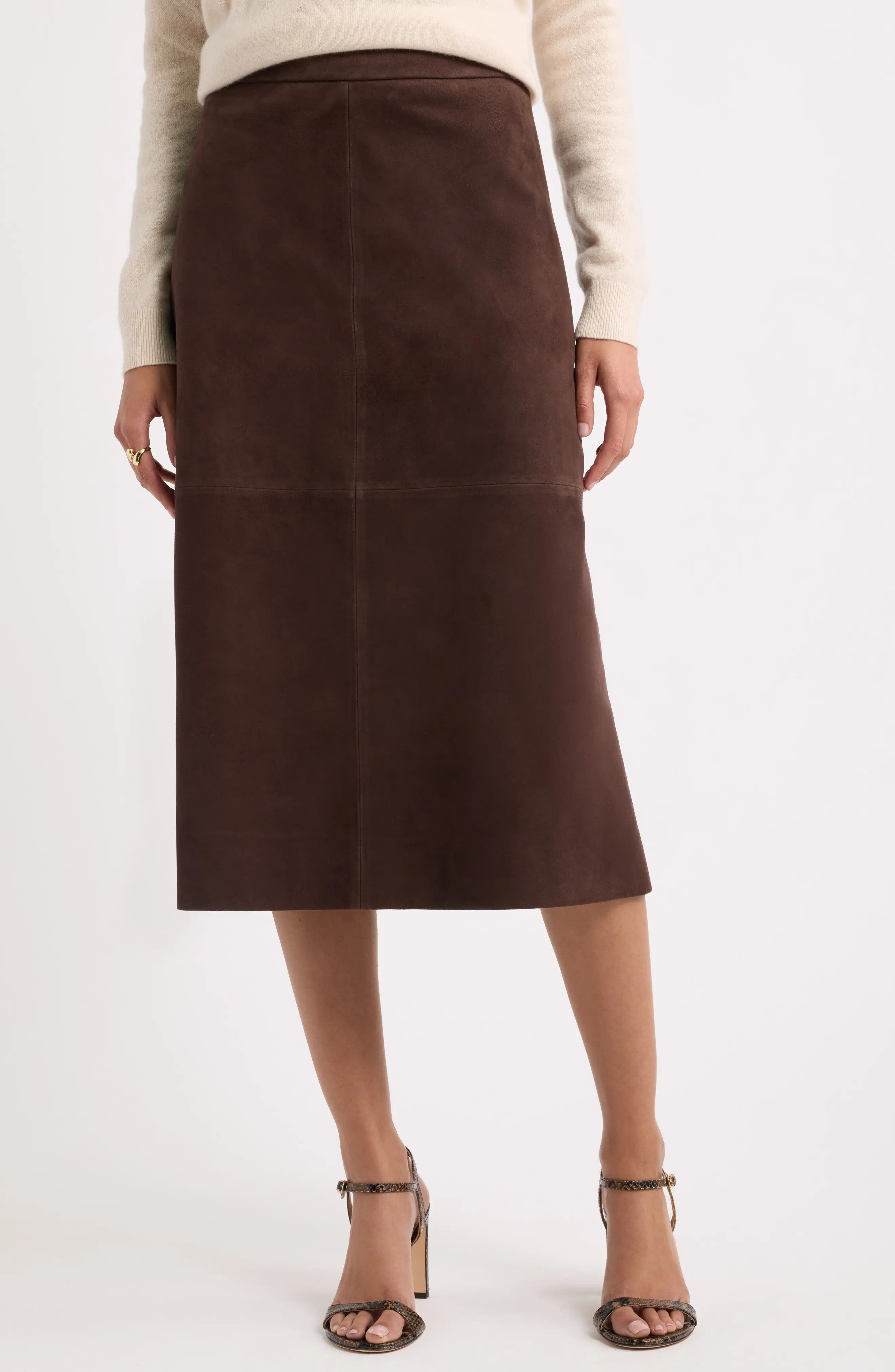 Nordstrom A-Line Leather Midi Skirt in Brown Coffee at Nordstrom, Size Small | Nordstrom