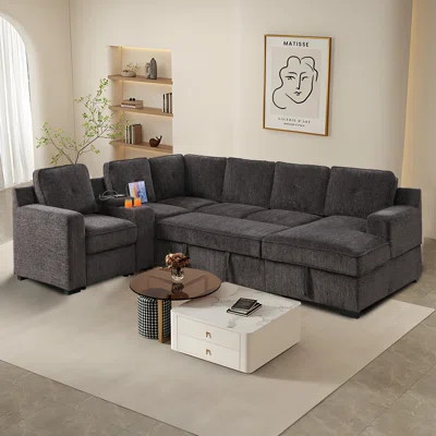 119.5‘’Chenille Modular Sectional Sofa: Pull - Out Bed, Storage Chaise & Charging Console | Wayfair North America