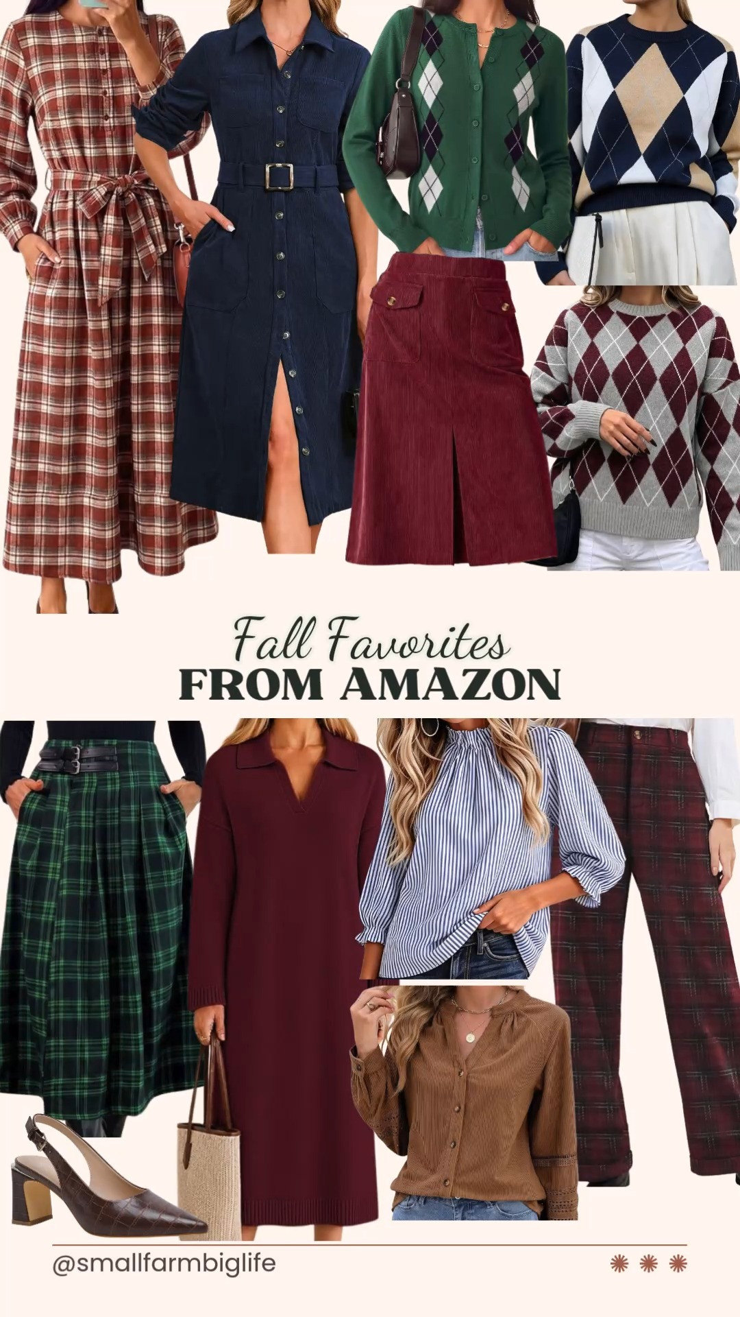 These fall favorites from Amazon look so much like Boden and I have them all linked for you.

The rust brown and cream plaid Wenrine Midi Dress has such a classic tie waist silhouette with pockets, and I love it paired with tall boots for easy autumn outfits. The navy corduroy YEXPINE Belted Shirt Dress is another great pick with the same collared, button down look, and works so well for business casual workwear.

For sweaters, the navy tan and white argyle Bell Sweater and the grey burgundy and white argyle Tankaneo Oversized Sweater both have that preppy, vintage feel that is so on trend this fall. The green navy and white argyle GRACE KARIN Cardigan is perfect for layering over a blouse for the office or a cozy teacher outfit.

On the bottoms side, the burgundy Cicy Bell Corduroy Midi Skirt and the green and navy plaid Pink Queen Midi Skirt both have that classic academia feel, and the burgundy plaid Rasutina Wide Leg Trousers are such a soft, fleece lined option for cooler days.

The burgundy MEROKEETY Midi Sweater Dress is one of my favorite pieces for date night outfits, and the blue and white striped Avanova Ruffle Blouse is a great dressy top for the office. Rounding things out, the caramel Sidefeel Corduroy Button Down Shirt has such a nice lace patch detail for an easy business casual workwear look.

So many pieces that give designer vibes without the designer price tag, all linked for you.

#amazonfashion #fallfashion #falloutfits #businesscasual #workwear 

 #LTKootd #LTKOver40 #LTKWorkwear