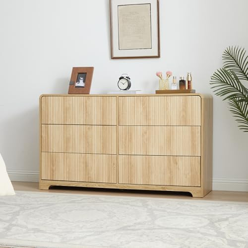 Fluted 6 Drawers Dresser for Bedroom, 53" Wide Mid Century Modern Chest of Drawer with Curved Profile Design, Large Double Wood Dresser for Living Room | Amazon (US)