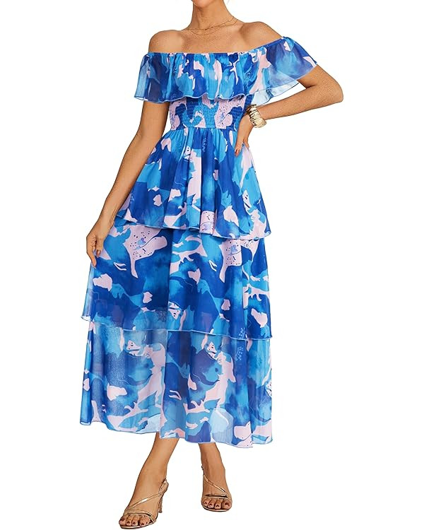 Simplee Womens Floral Wedding Guest Dress Spring Summer 2026 Chiffon Boho Off Shoulder Smocked Ti... | Amazon (US)