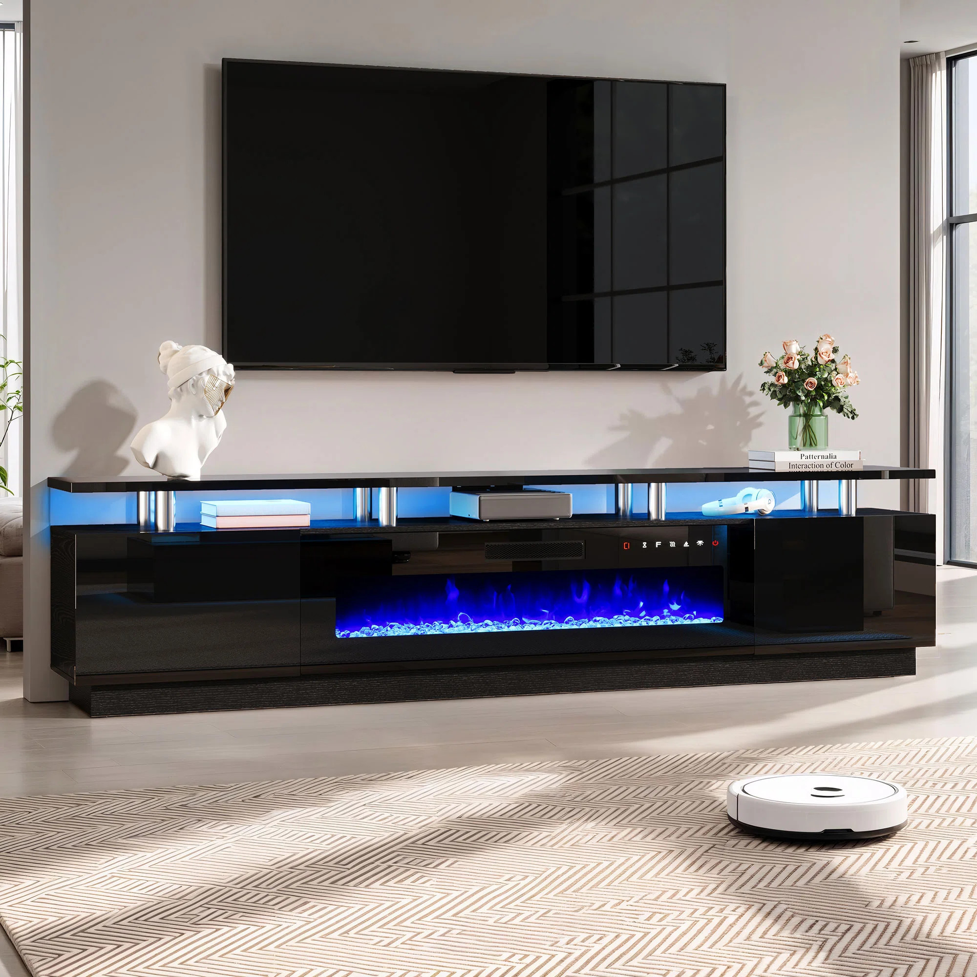 Bhhatu 2 Tier High Gloss TV Stand with Electric Fireplace Included | Wayfair North America