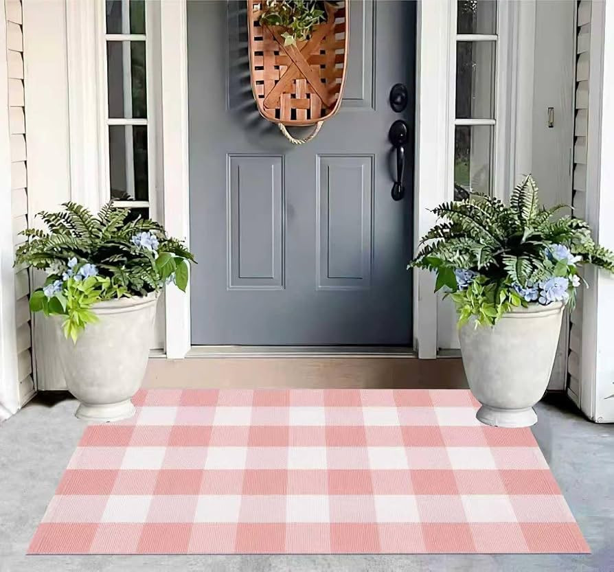 Buffalo Plaid Outdoor Rug 27.5''X 43.3' Pink White Checked Porch Rug Cotton Woven Washable Rug La... | Amazon (US)