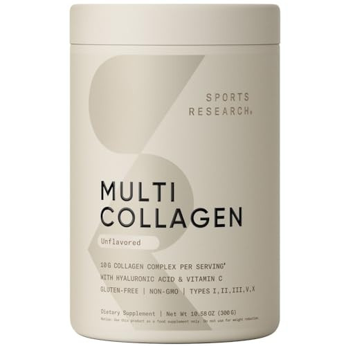 Sports Research Multi Collagen Protein Powder (Type I, II, III, V, X) with Hyaluronic Acid + Vitamin C | 5 Types of Food Based Collagen, 30 Servings (Unflavored) | Amazon (US)
