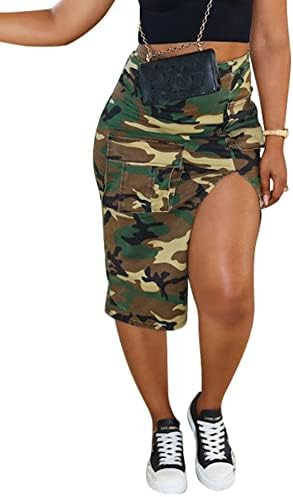 Vakkest Women's Camo Cargo Midi Skirt Elegant High Waist Vintage Dress Slit Front Ruffle Long Bodycon Maxi Skirts | Amazon (US)
