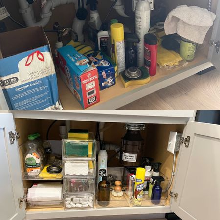 Home organization! These clear containers made the under sink storage so organized! First this set of 2 stackable clear containers are great for holding my garbage bags and extra dish soap. Next I used these 4 clear shoe drawers to hold my sponges, magic erasers, pot scrubbers, and dishwasher pods. I already had the drawers so I linked a similar product I found on Amazon. I bought a 2nd set of the same 7.75 x 15 x 6.25 clear bins to finish off the space. Because of the garbage disposal I couldn’t stack them on top of each other but they worked perfectly side by side! I used one for my cleaning supplies and one for my hand washing scrubber and soap to keep my countertops clear! 

#LTKunder50 #LTKhome