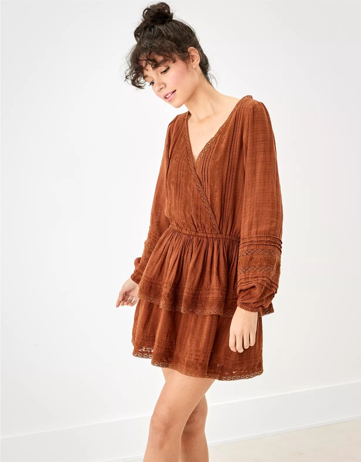 AE Embroidered Wrap Front Mini Dress | American Eagle Outfitters (US & CA)