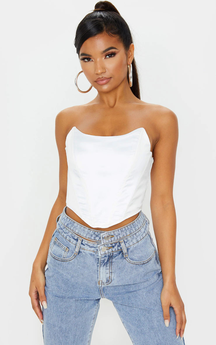 White Satin Pointed Hem Bandeau Corset | PrettyLittleThing US