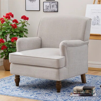Vintage Linen Accent Armchair with Antique Wood Legs - Rolled Arm Sofa Chair for Living Room, Bedroom, Reading Nook | Wayfair North America