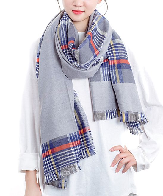 JC Sunny Women's Cold Weather Scarves GREY - Gray Plaid & Solid Fringe Blanket Scarf | Zulily