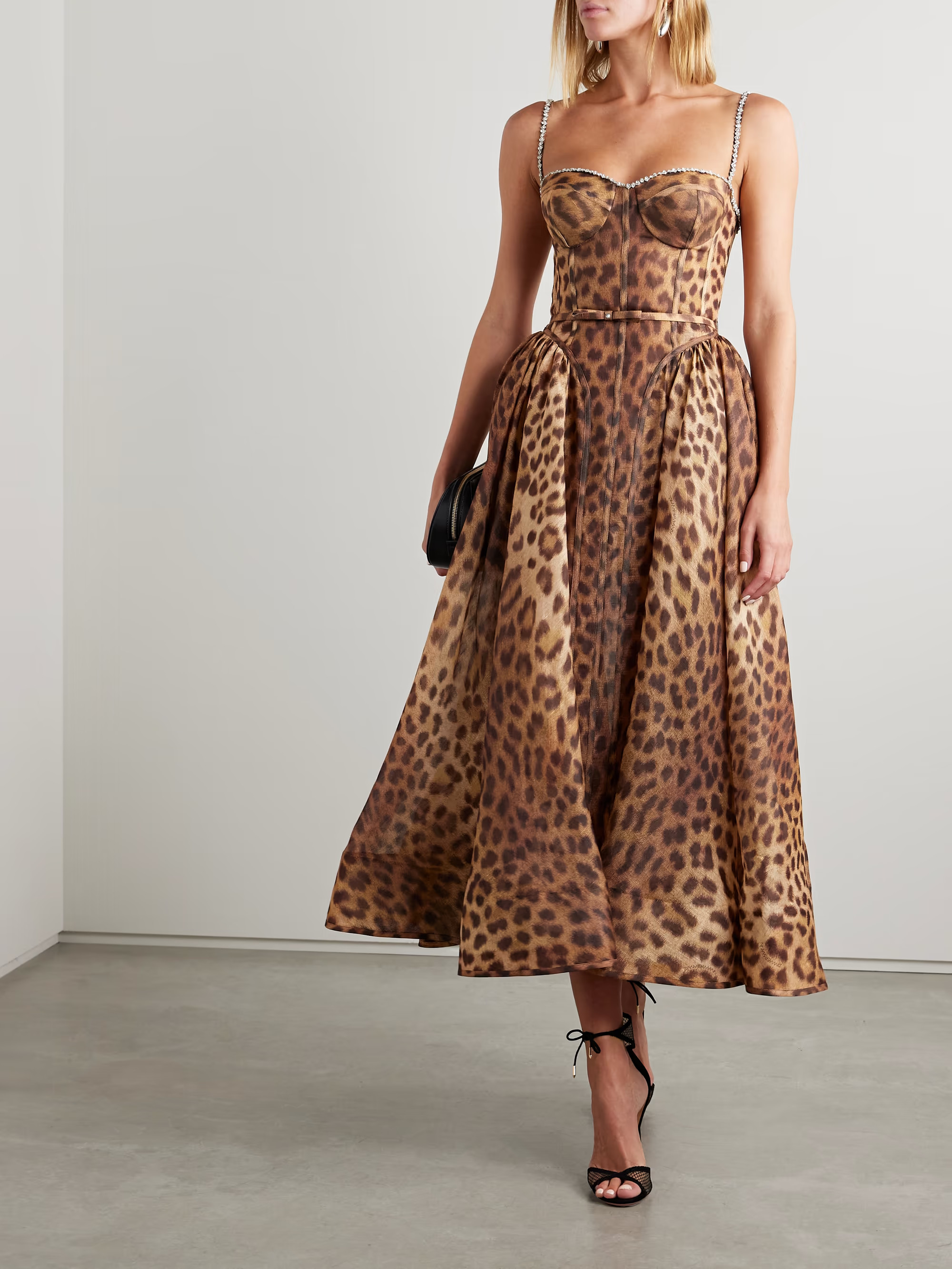 Crush belted crystal-embellished leopard-print linen and silk-blend organza midi dress | NET-A-PORTER (US)