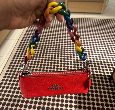Coach bag with multicolored chain strap. 
Red bag. Mini bag. 

#LTKSaleAlert #LTKItBag #LTKFindsUnder100