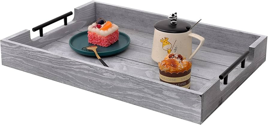 LONGNENG Wood Serving Tray Rectangle Gray Tray with Handles,Decorative Trays,Rustic Ottoman Tray ... | Amazon (US)