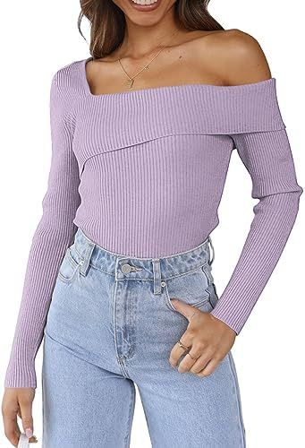 LILLUSORY Womens Off Shoulder Sweaters 2024 Fall Long Sleeve Knitted Lightweight Going Out Pullov... | Amazon (US)