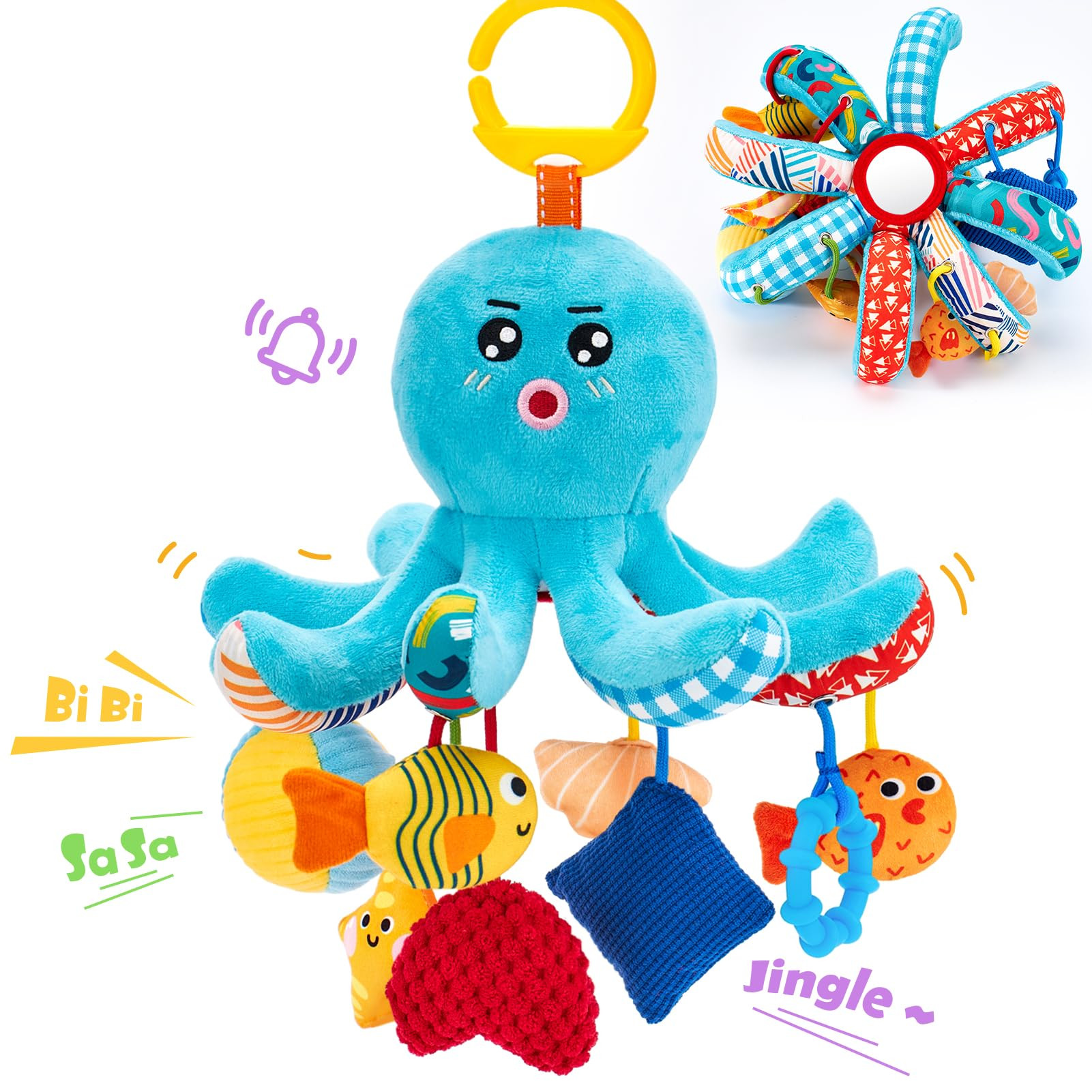 hahaland Baby Toys 0-6 Months - Octopus Toy with Pulling Cords, Squeaky, Crinkle, Rattle, Mirror ... | Amazon (US)