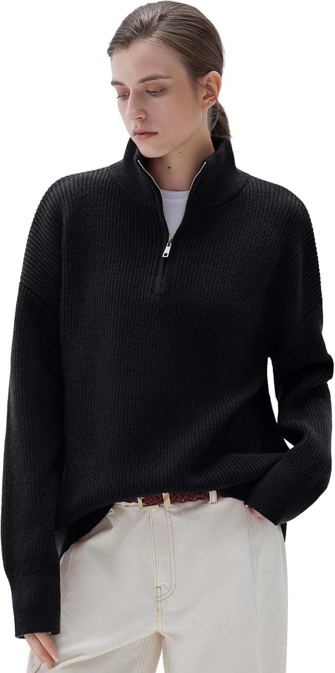 SUUKSESS Women Oversized Cashmere Blend Quarter Zip Pullover Sweater Long Sleeve Collared Ribbed ... | Amazon (US)