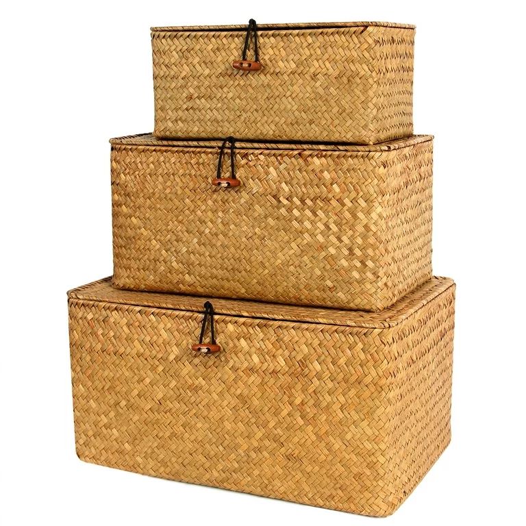 BlueMake Wicker Seagrass Baskets with Lids Set of 3 for Home Decor Rectangular Storage Baskets | Walmart (US)