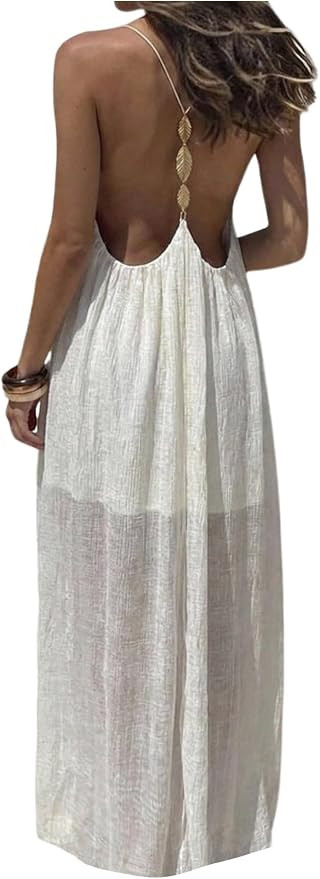 BEAUDRM Women's Halter Maxi Dress V Neck Spaghetti Strap Backless Sleeveless Flowy Beach Summer V... | Amazon (US)