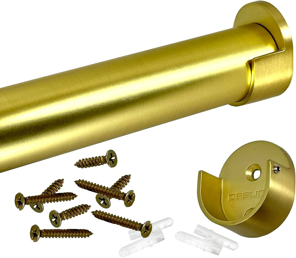 CUSTOM CUT | Up to 24" | HEAVY DUTY Satin Brass Closet Rod | 32mm Dia. | w/Matching End Brackets | Amazon (US)