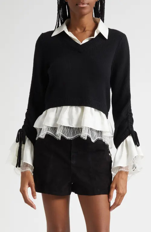 Cinq à Sept Milla Layered Pullover in Black/Ivory at Nordstrom, Size Small | Nordstrom