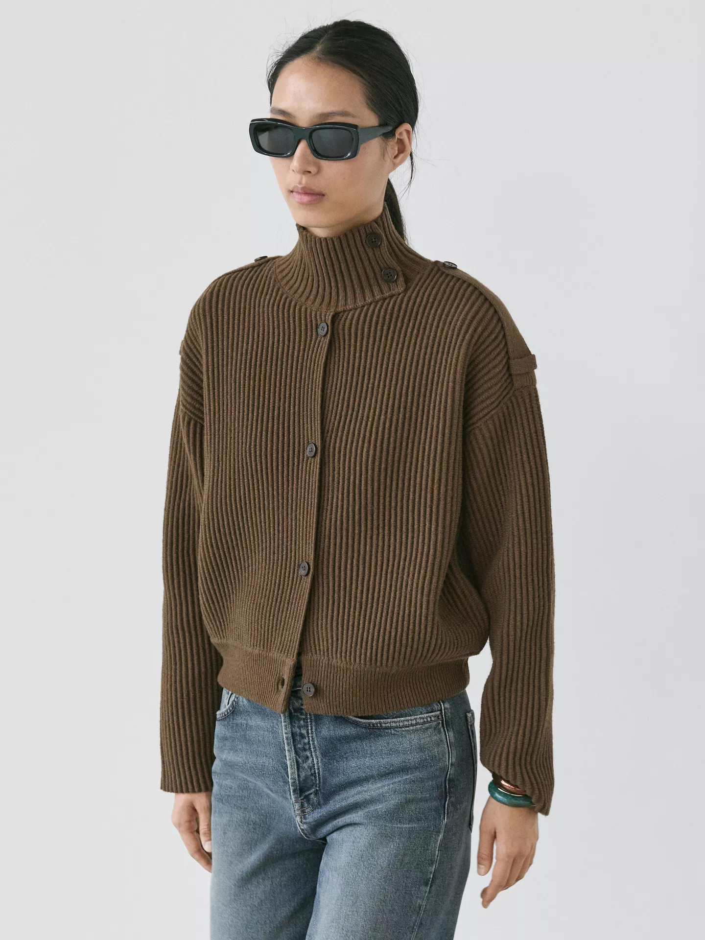 Wool knit cardigan with button details | Massimo Dutti UK