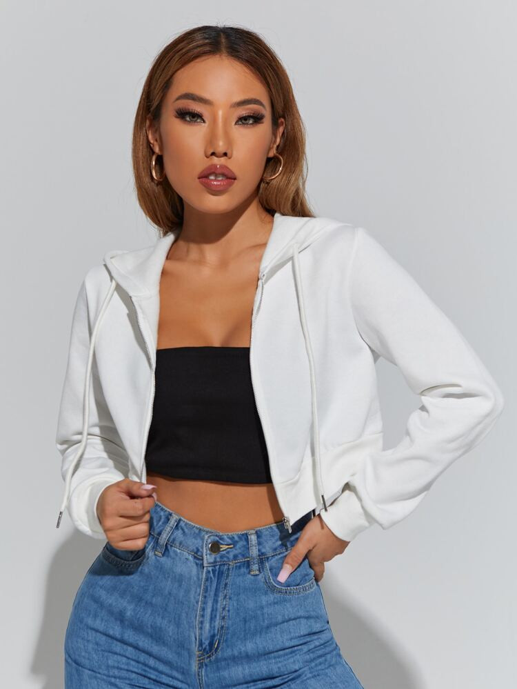 SHEIN PETITE Solid Zip Up Drawstring Hoodie | SHEIN