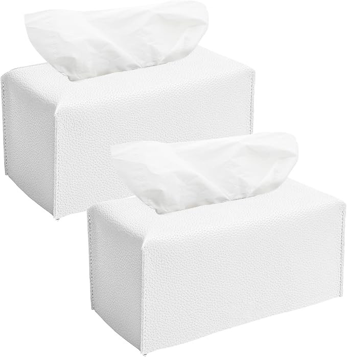 Tissue Box Cover Rectangular, 2 Pack White Leather Tissue Box Cover, Decorative Tissue Box Holder... | Amazon (US)