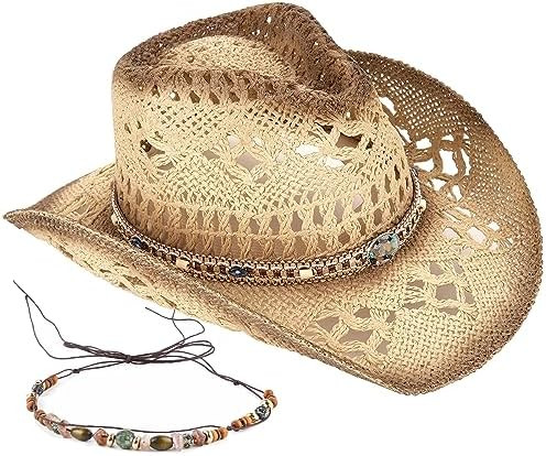 Foeran Men's Women's Straw Cowboy Hat Cowgirl Woven Sun Hat Western Cowboy Hat Two Decorative Ban... | Amazon (US)