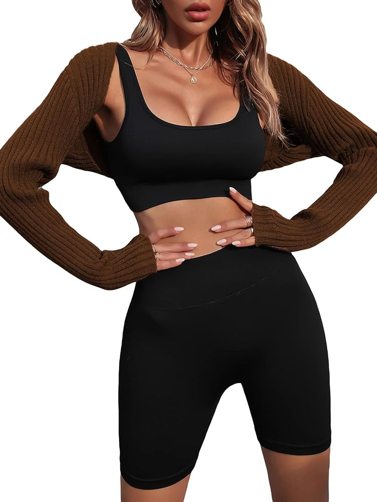 Women's Long Sleeve Open Front Cardigan Crop Top Ribbed Knit Bolero Tops | Amazon (US)