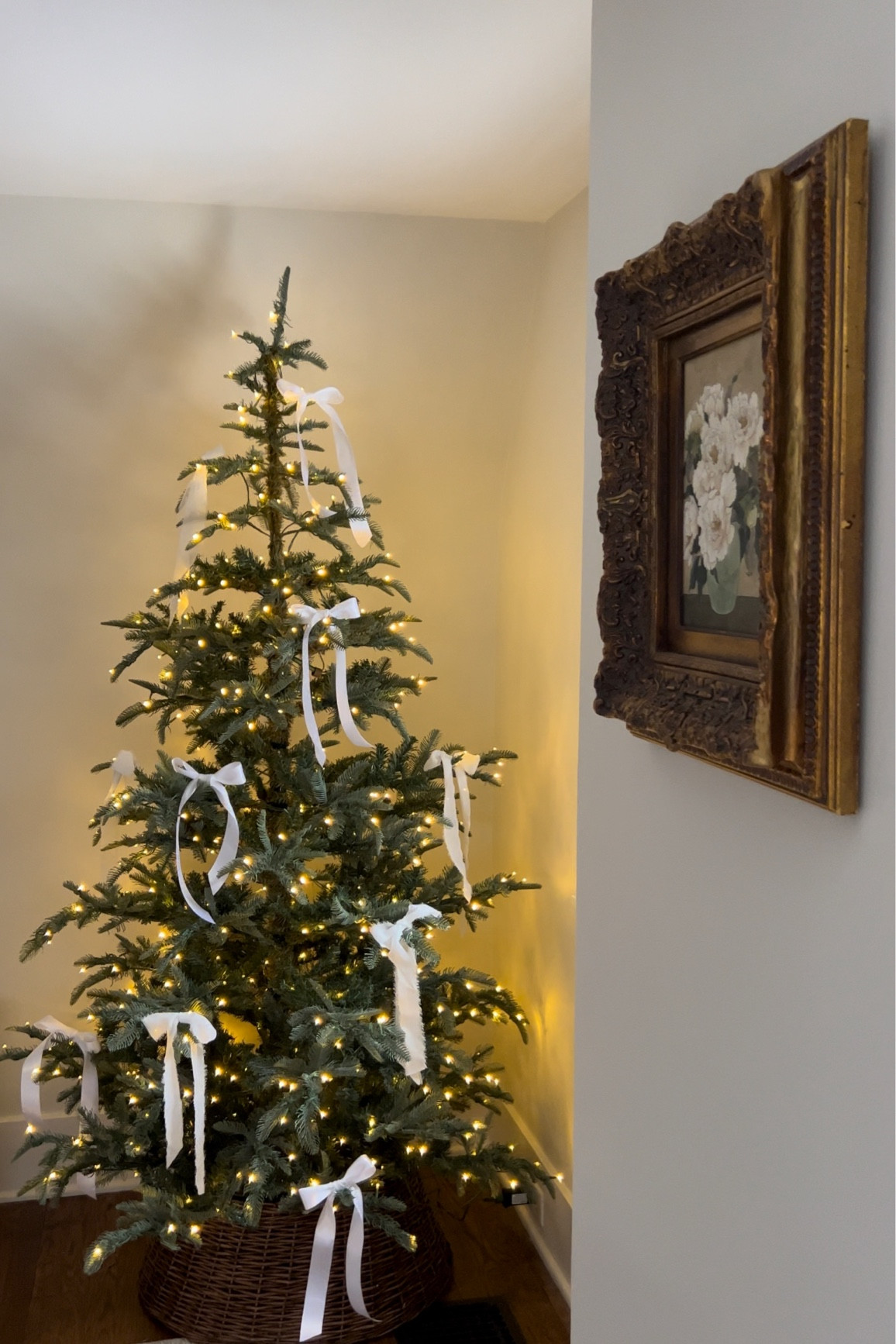 Nobal fir Christmas tree with white ribbon bows 🤍 #christmastree 

#LTKSeasonal #LTKCyberWeek #LTKHoliday