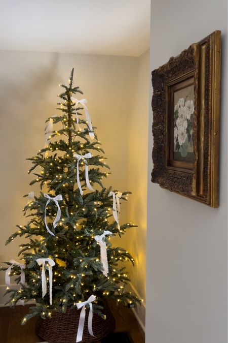 Nobal fir Christmas tree with white ribbon bows 🤍 #christmastree 

#LTKSeasonal #LTKCyberWeek #LTKHoliday