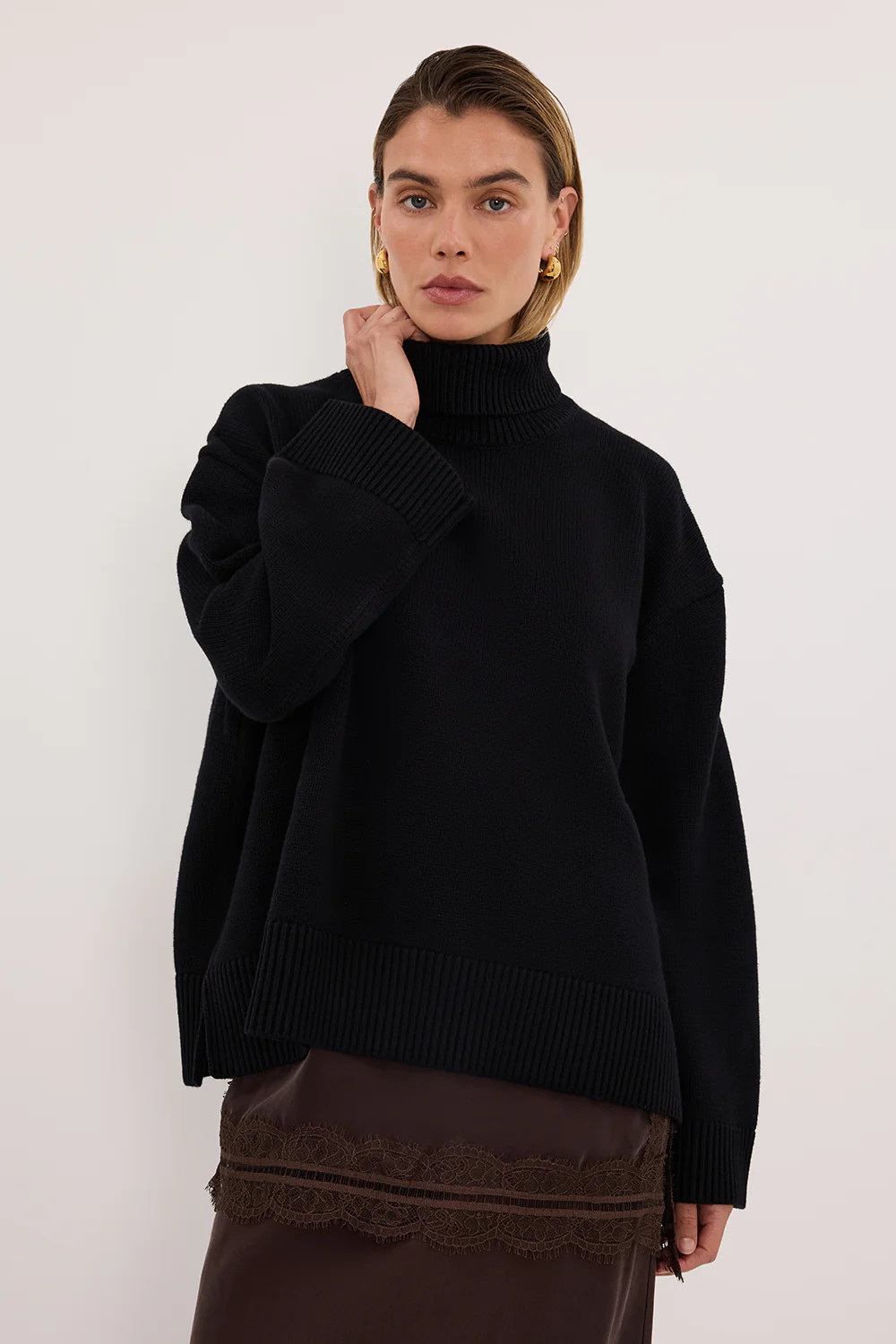 ELLA BLACK TURNBACK NECK KNIT JUMPER | DISSH