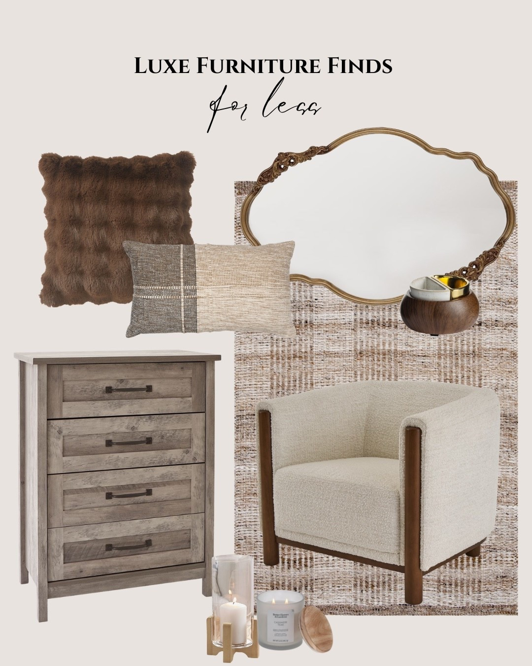 Walmart luxe furniture finds for less: gold vintage mirror, brown modern rug, white armchair, dark brown pillow, cream pillow, gray wood dresser, decor candles, decorative objects.

#LTKHome #LTKSaleAlert