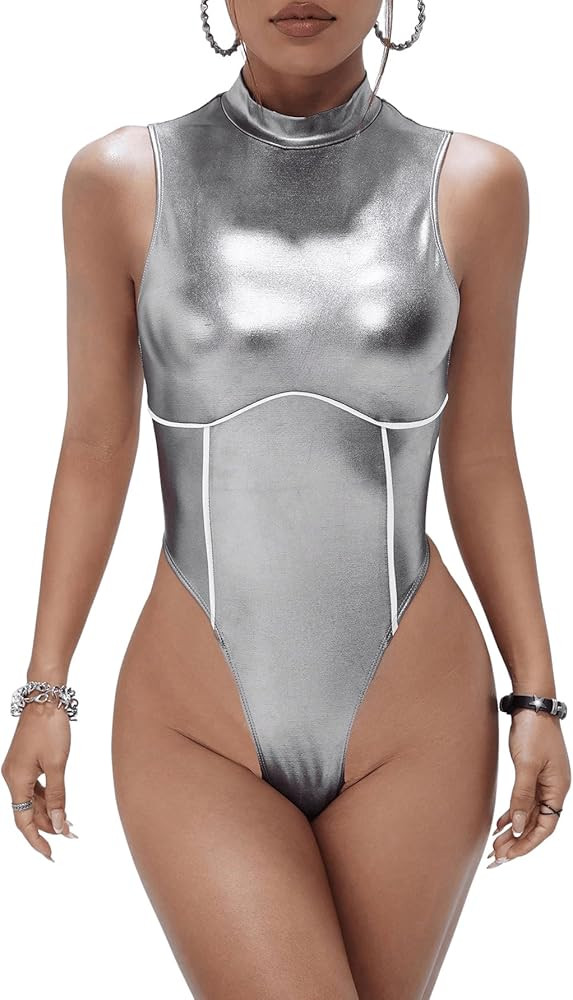 SweatyRocks Women's Sleeveless Scoop Neck High Cut Skinny Mesh Tank Top Bodysuit | Amazon (US)