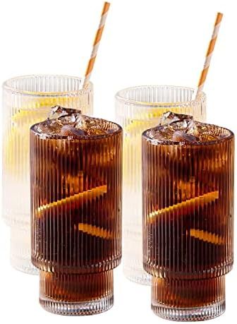 SUNNOW Vastto 11 Ounce Stackable Ribbed Glass Cup,Iced Tea Glasses for Water, Beverage,Juice, Win... | Amazon (US)