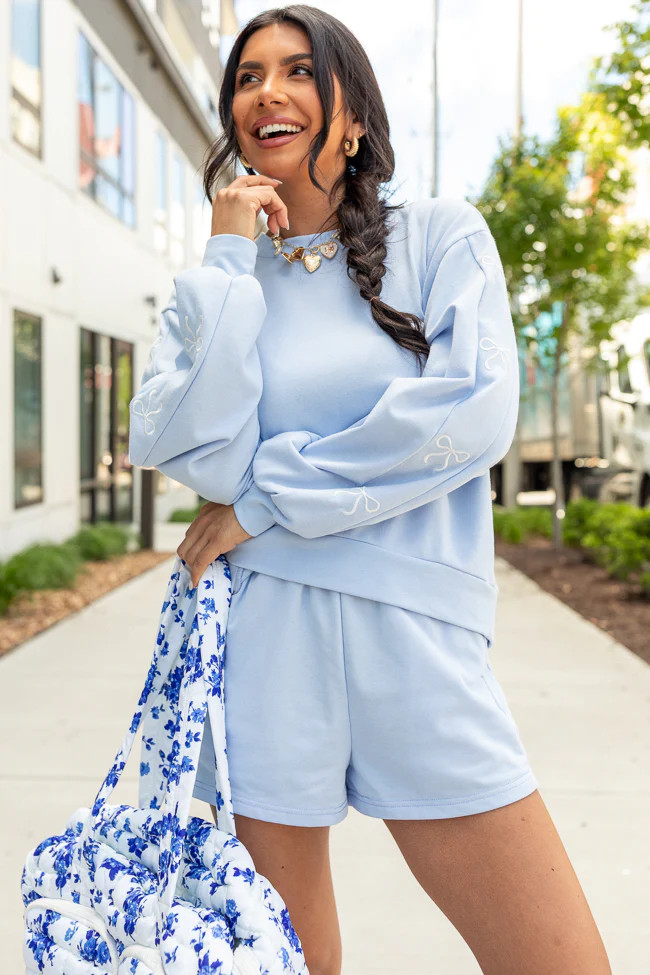 Just Imagine It Light Blue Bow Knit Shorts | Pink Lily