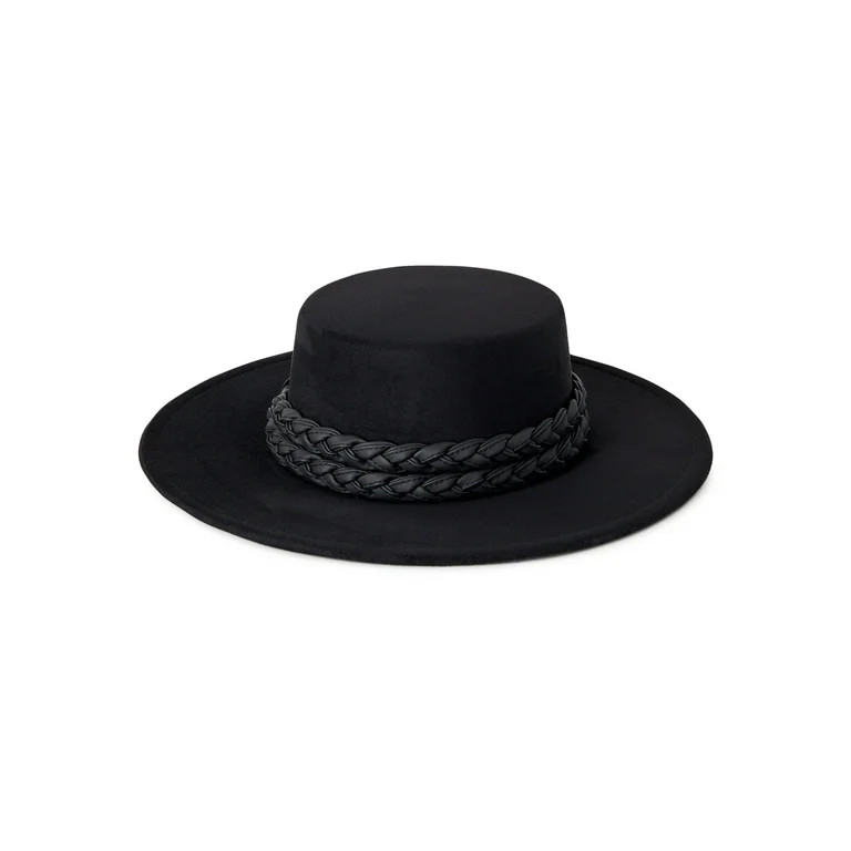 Time and Tru Adult Women's Black Boater Hat with Braided Trim | Walmart (US)
