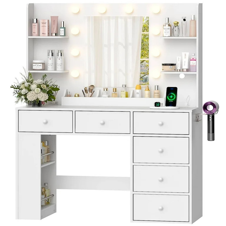 Ktaxon Lighted Makeup Vanity with 6 Drawers, Get Ready with Me Vanity Table Set w/ Charging Stati... | Walmart (US)