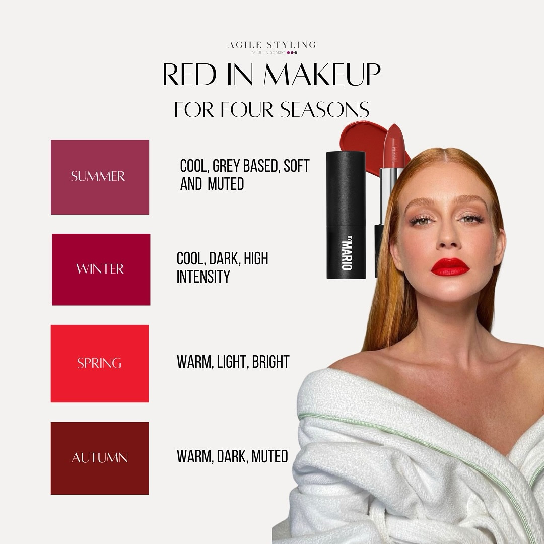 💋 RED Shades for Makeup: FOUR SEASONS

Red is iconic, bold, and timeless—but when it comes to makeup, finding your perfect shade is a GAME-CHANGER. The wrong red can make you feel washed out, while the RIGHT one enhances your natural beauty and makes you SHINE ✨

Here’s how red works across the FOUR seasons:

🌸 SPRING: Bright, coral reds or tomato tones that add warmth and vibrance to your light, fresh palette.

❄️ WINTER: Cool, intense reds like cherry or cranberry that match the season’s bold, high-contrast look.

🍂 AUTUMN: Warm, earthy reds like brick or terracotta, blending perfectly with autumn’s deep and rich tones.

🌳 SUMMER: Muted, soft reds like raspberry or rose that complement the season’s delicate, cool palette.

👉 Scroll to see examples of red lipstick and blush shades tailored for each season! Are you wearing the right red for YOUR palette? Let me know in the comments 👇

❤️ Your perfect red isn’t just about the color—it’s about how it works with YOUR features. Ready to discover your best makeup shades? Book a color analysis with the link in bio!

#ColorAnalysis #RedForAllSeasons #SeasonalColors #MakeupTips #PerfectRed #ConfidentStyle #MakeupForYourSeason #StyleUpgrade #PersonalStyle #FindYourColors