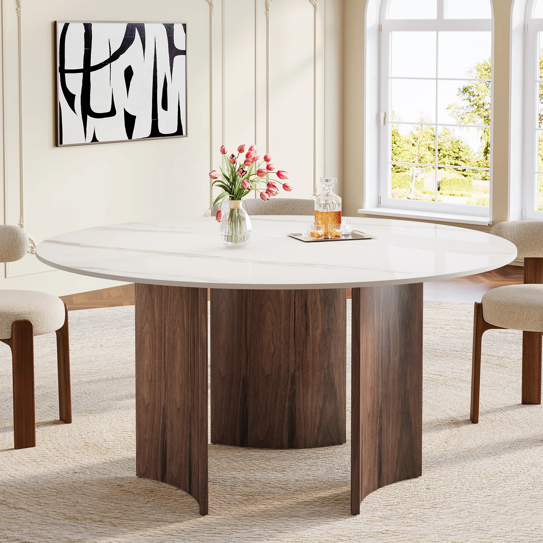 59-Inch Round Stone Top  Dining Table with Wodd Base For 6-8 People | Wayfair North America