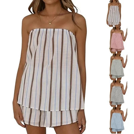 Women 2 Piece Matching Sets Striped Tube Top Shorts Sets Summer Vacation Outfits Y2K Going Out Top, M | Walmart (US)