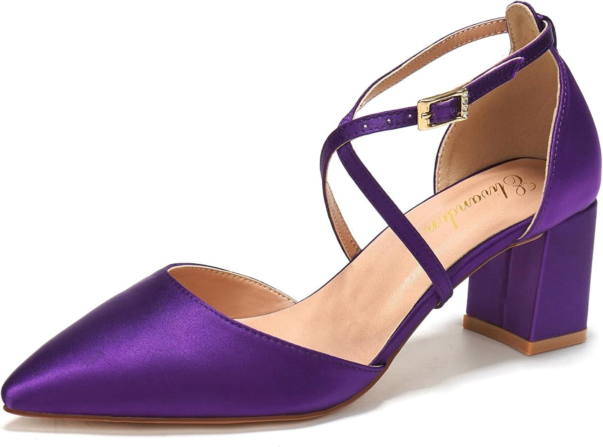Elivandon J1586 Women's Satin Pointed Toe Mid-Heel Evening Sandals 2.36 inches Block Heel Bridal ... | Amazon (US)