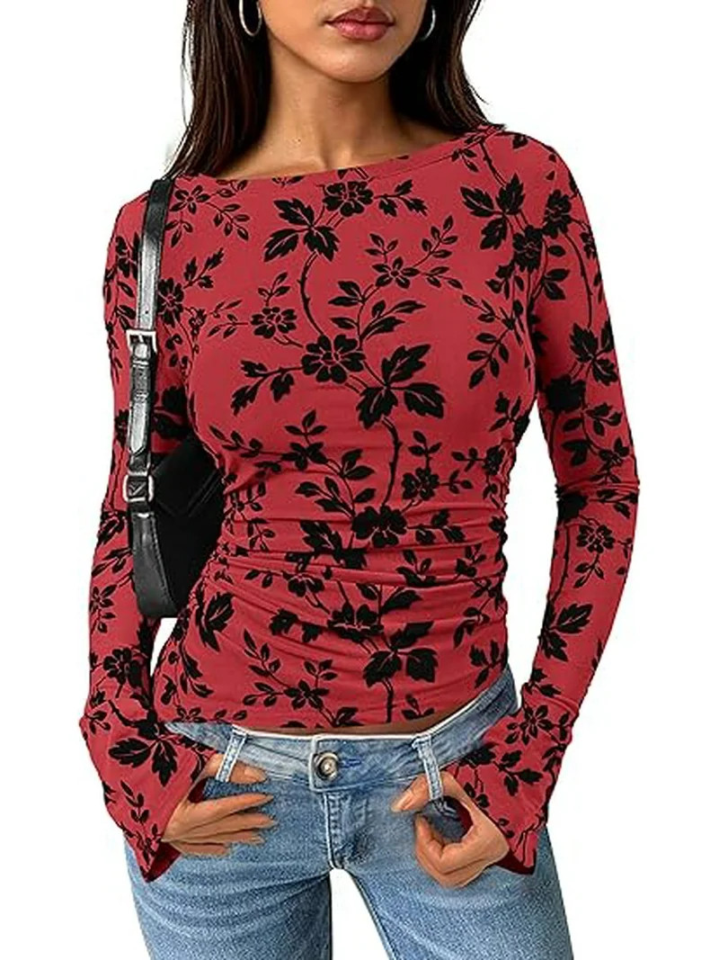 PRETTYGARDEN Women Long Sleeve Floral Mesh Tops Blouse Fall Trendy Boat Neck Ruched Fitted Shirt ... | Walmart (US)