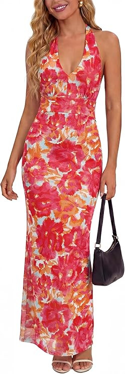 Prinbara Womens Halter Neck Bodycon Maxi Dresses Summer Floral Mesh Formal Elegant Wedding Guest ... | Amazon (US)