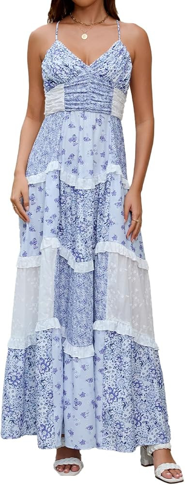 ABYOVRT Women Floral Maxi Dress Spaghetti Straps V Neck Patchwork Flowy Boho Sundress Tiered Long... | Amazon (US)