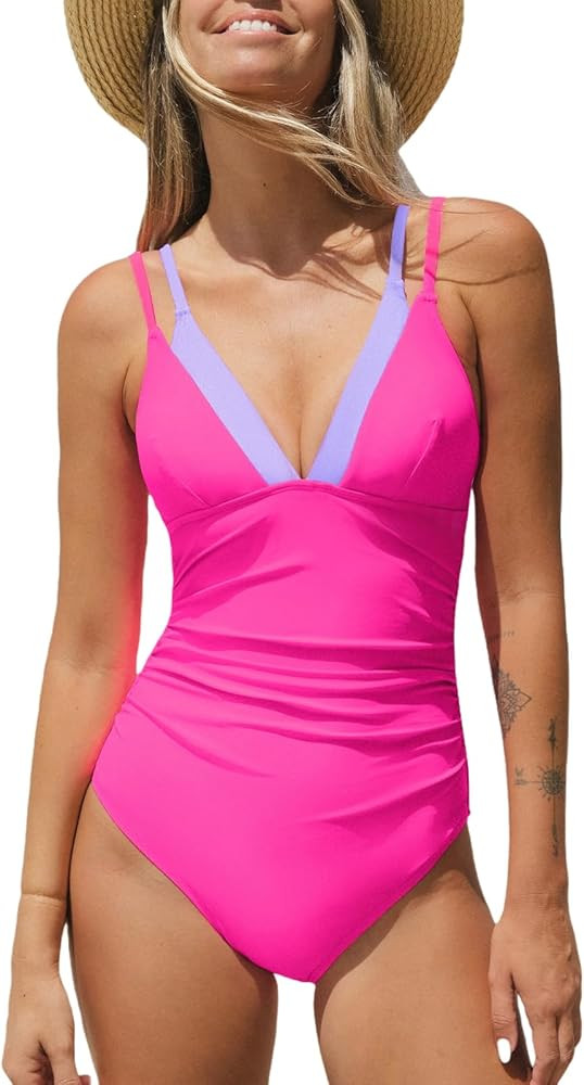 CUPSHE Women's One Piece Swimsuit V Neck Adjustable Straps Back Cutout Ruched Color Block Bathing... | Amazon (US)
