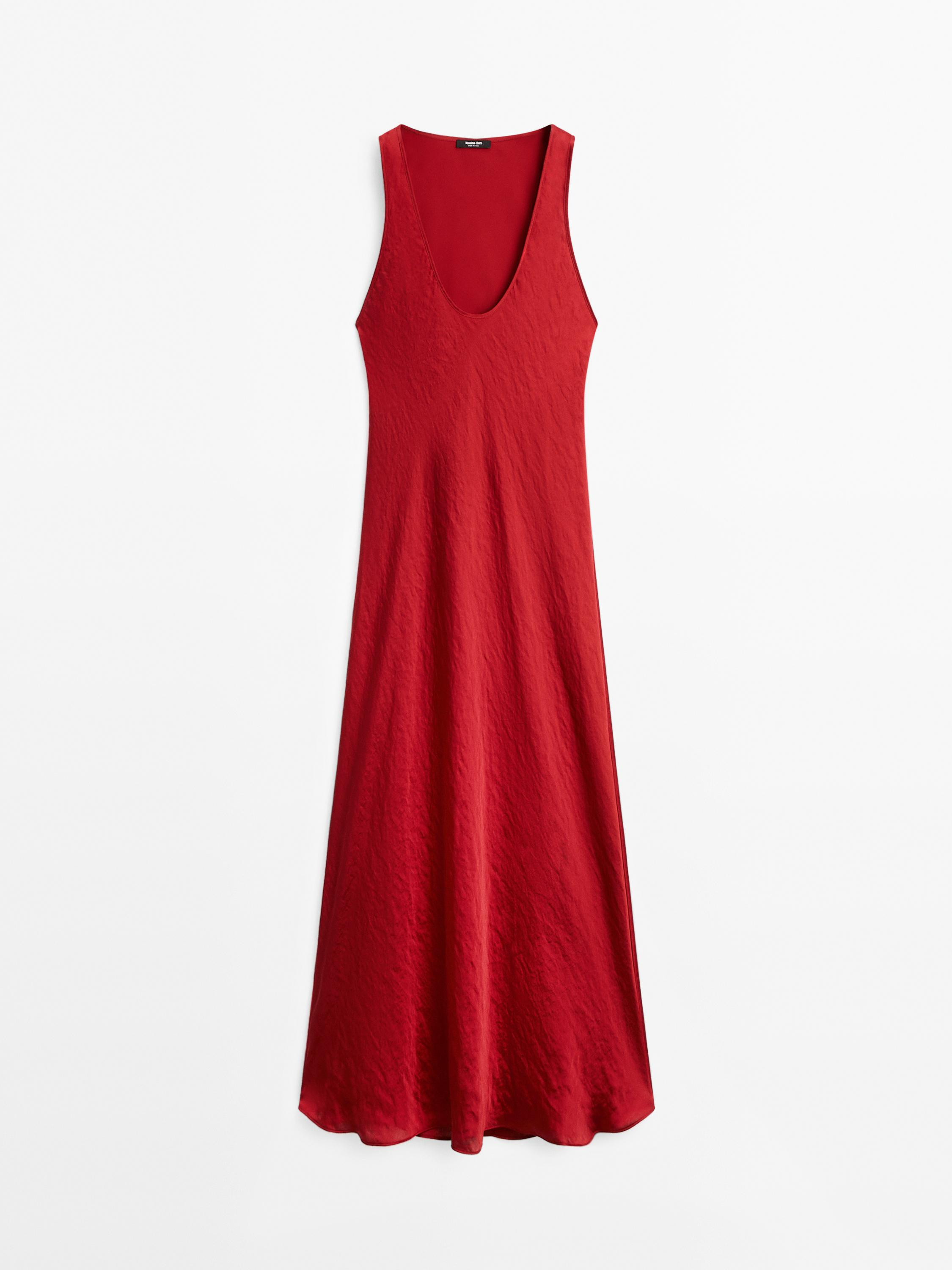 Long satin dress with round neckline | Massimo Dutti UK