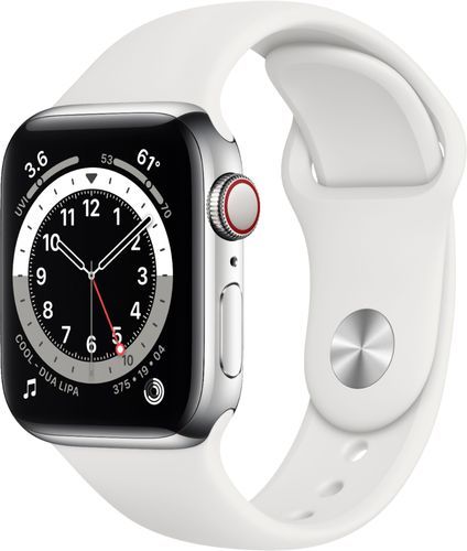 Apple Watch Series 6 (GPS + Cellular) 40mm Silver Stainless Steel Case with White Sport Band (AT&T) | Best Buy U.S.