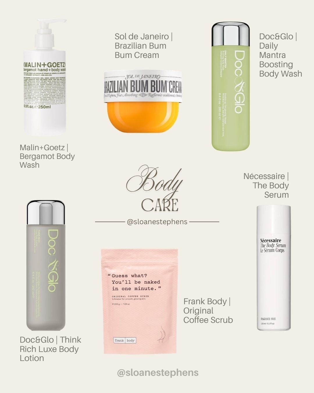 Elevate your everyday routine with the essentials that actually make a difference. ✨ From the iconic Sol de Janeiro scent to the hydration power of Nécessaire, these are my current non-negotiables for soft, glowing skin.
The Lineup:
• Malin+Goetz Bergamot Body Wash
• Sol de Janeiro Brazilian Bum Bum Cream
• Doc&Glo Daily Mantra Body Wash
• Doc&Glo Think Rich Luxe Body Lotion
• Frank Body Original Coffee Scrub
• Nécessaire The Body Serum
Shop the full routine

#LTKsummer #LTKspring #LTKbeauty